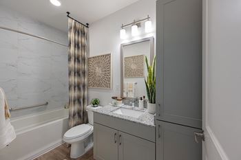 a bathroom with a shower and a toilet and a sink